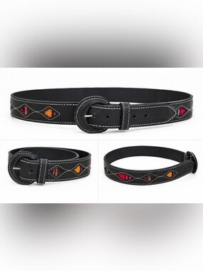 Y2K Southwestern Cutout Faux Leather Belt Black Boho Western Embroidered -38/XL